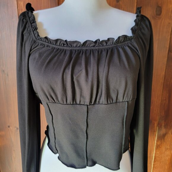 Black Off-Shoulder Crop Top Women L Ruffle Neck Balloon Sleeve Y2K 90s Vintage - Picture 5 of 13